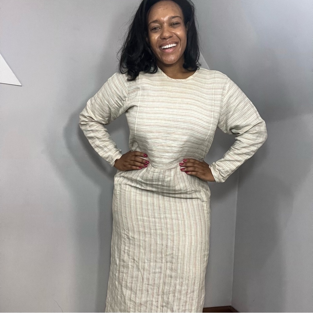 Vintage FLAX by Jeanne Englehart 70s cream striped linen long sleeve maxi dress